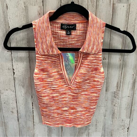 NWT Say What Marled Cropped Ribbed Sleeveless Collared Shirt VNeck - Picture 1 of 5